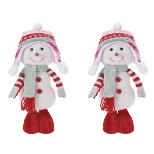 Melrose 10.25" Plush Snowman Figurines with Knit Hat & Scarf Set